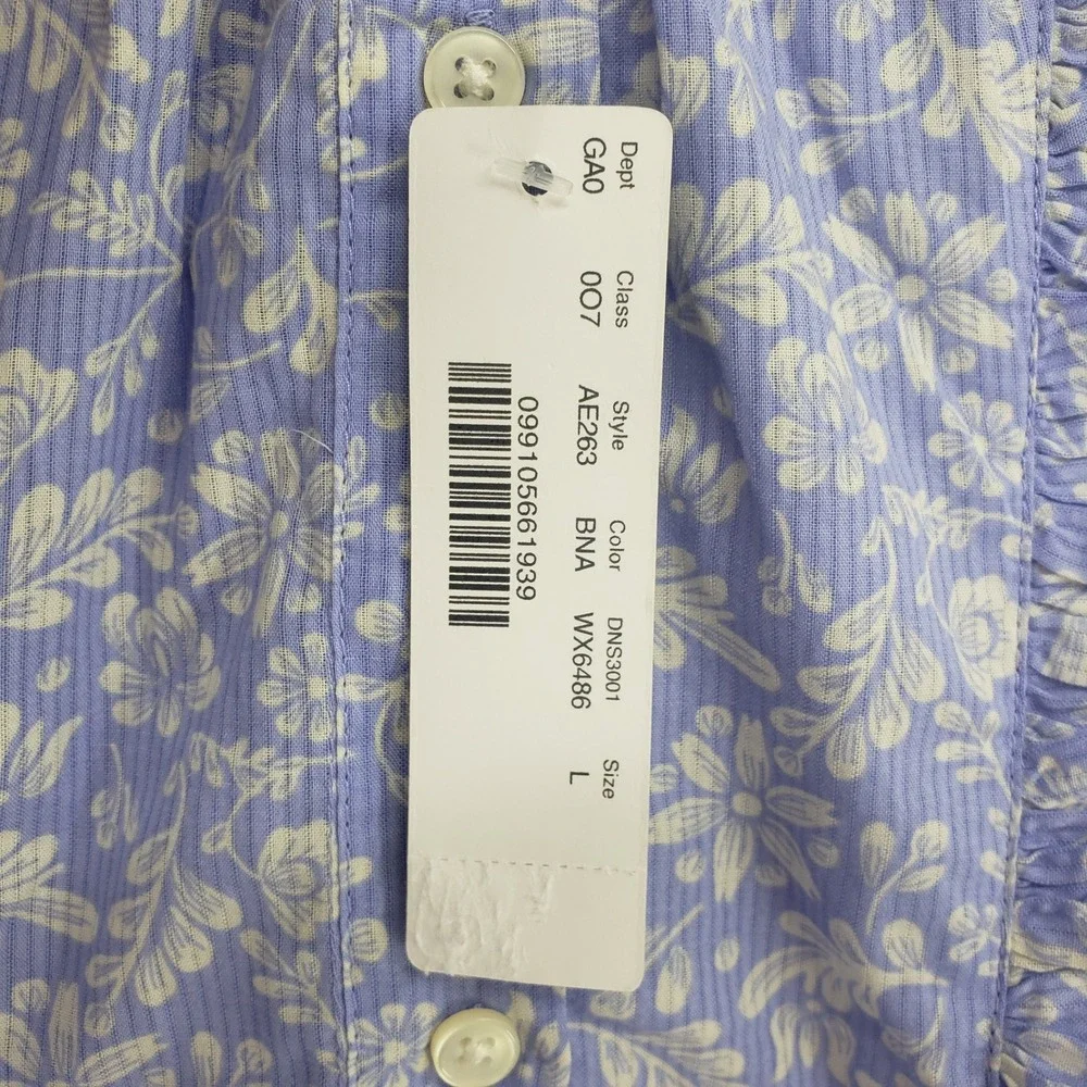 J Crew Floral Ruffle Bib Blouse Top Women Size L Blue White Cotton Peasant NWT